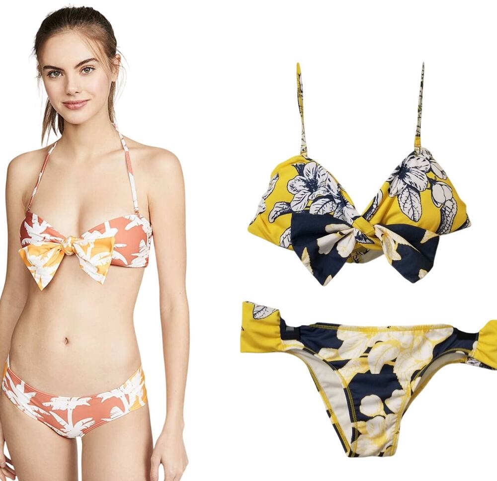 New Palmacea Lily Floral Print Bandeau Top + Bikini Bottom Set Removable Strap